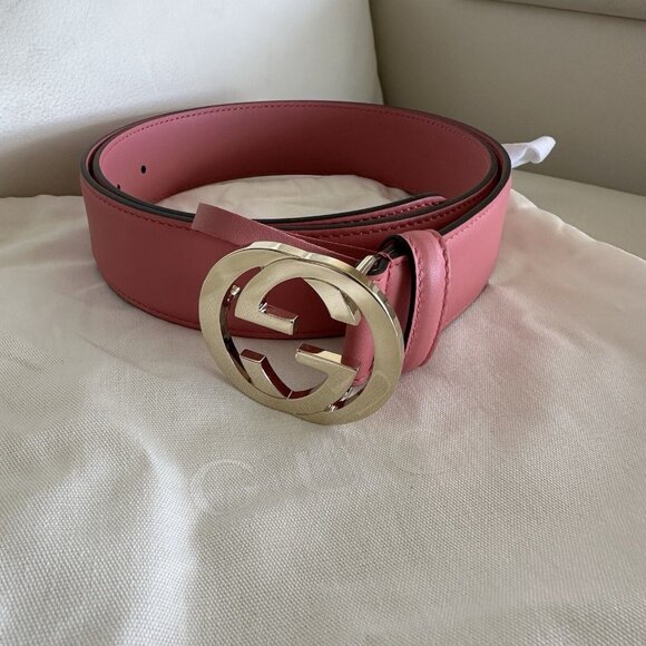 NEW GUCCI PINK INTERLOCKING BELT SILVER GG Size 90 Cm 36 In - Picture 1 of 5
